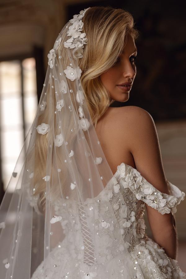 Long Flower Off The Shoulder A Line Open Back Floor Length Wedding Dress