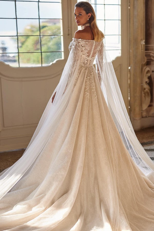 Gorgeous Long A-line Off the Shoulder Tulle Lace Wedding Dresses with Sleeves