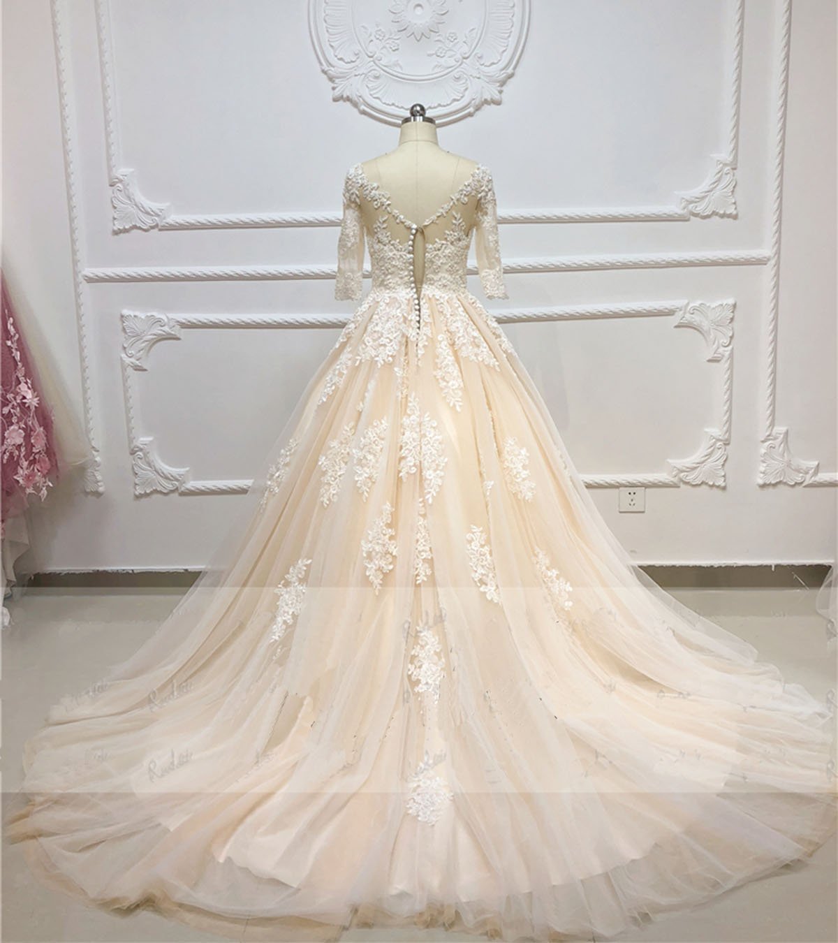 Champagne Tulle Lace Applique Half Sleeve Long A-line Wedding Dress
