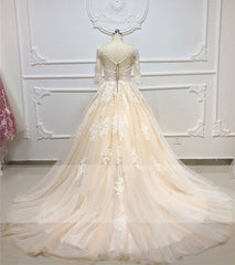 Champagne Tulle Lace Applique Half Sleeve Long A-line Wedding Dress