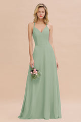 Stylish Chiffon Spaghetti Straps Sleeveless Long Bridesmaid Dress
