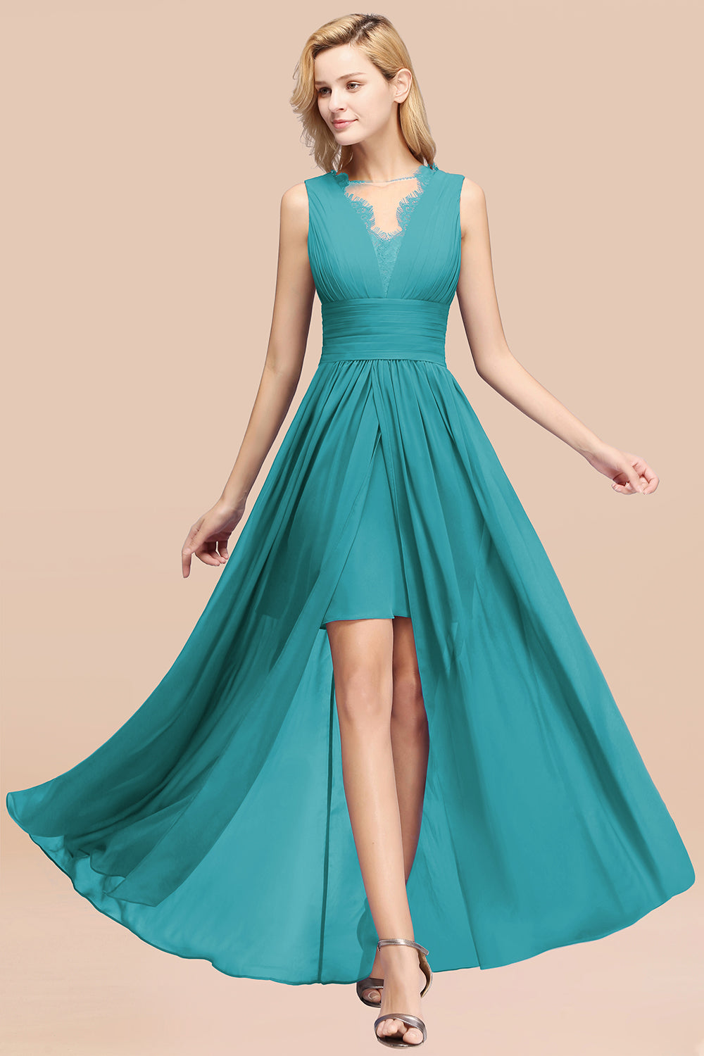 Lace Chiffon Jewel Sleeveless Ruffles Short Bridesmaid Dress