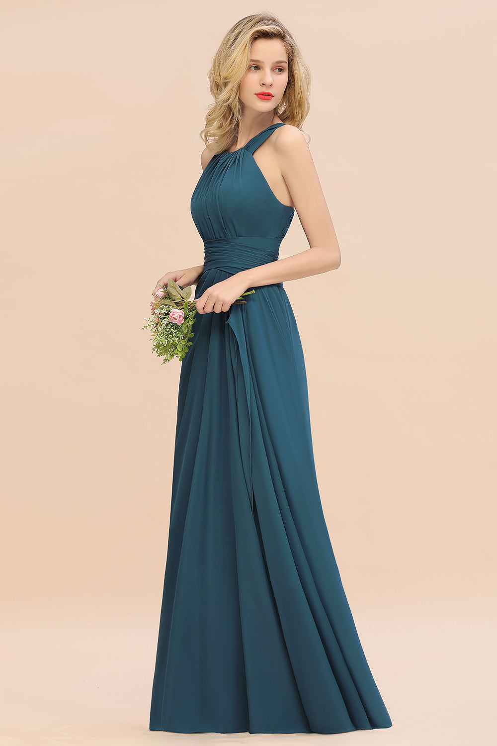 Long A-line Halter Chiffon Backless Floor Length Bridesmaid Dresses