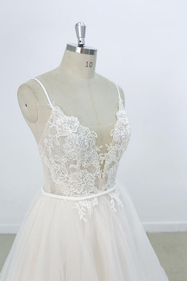 Long Sweetheart Appliques Lace Tulle A-line Wedding Dress