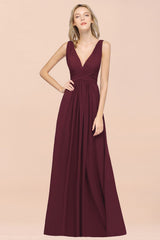 A-Line Chiffon V-Neck Sleeveless Floor Length Bridesmaid Dress with Ruffle
