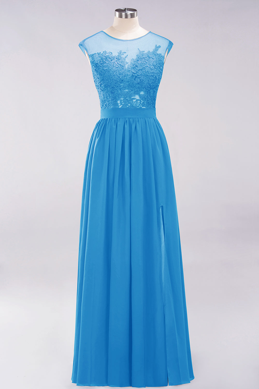 A-line Chiffon Lace Jewel Sleeveless Floor Length Bridesmaid Dresses with Appliques