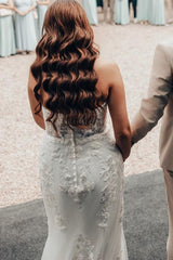 Long Sweetheart Mermaid Floor Length Tulle Wedding Dress with Appliques Lace