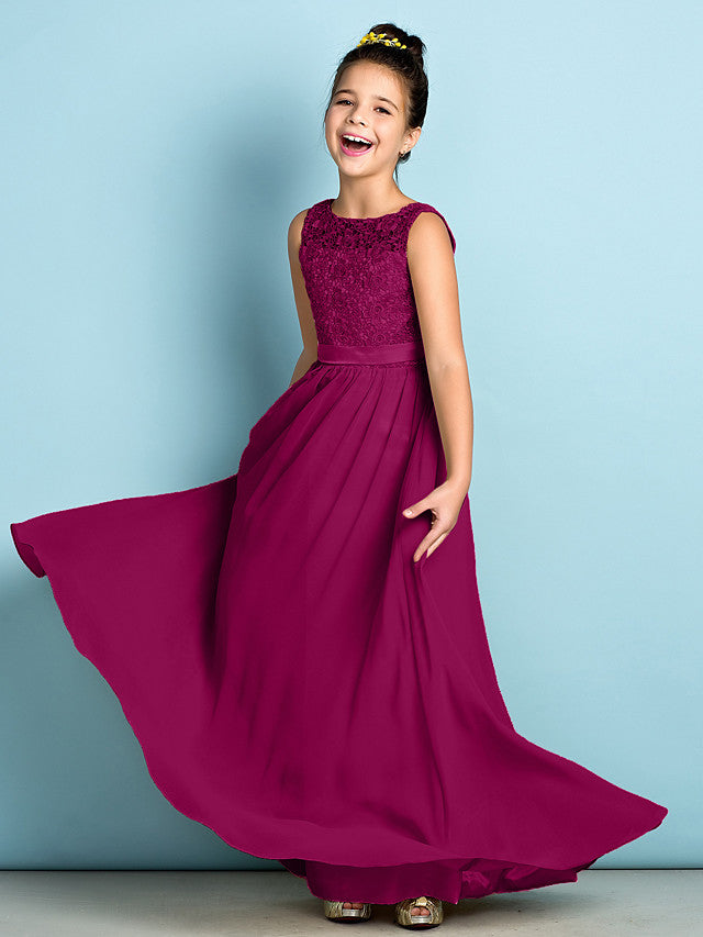 Long A-Line Scoop Neck Floor Length Chiffon Lace Junior Bridesmaid Dress