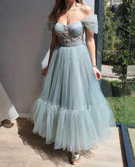 Elegant Off the Shoulder A-Line Sweetheart Appliques Ruffles Tea-length Tulle Party Dress