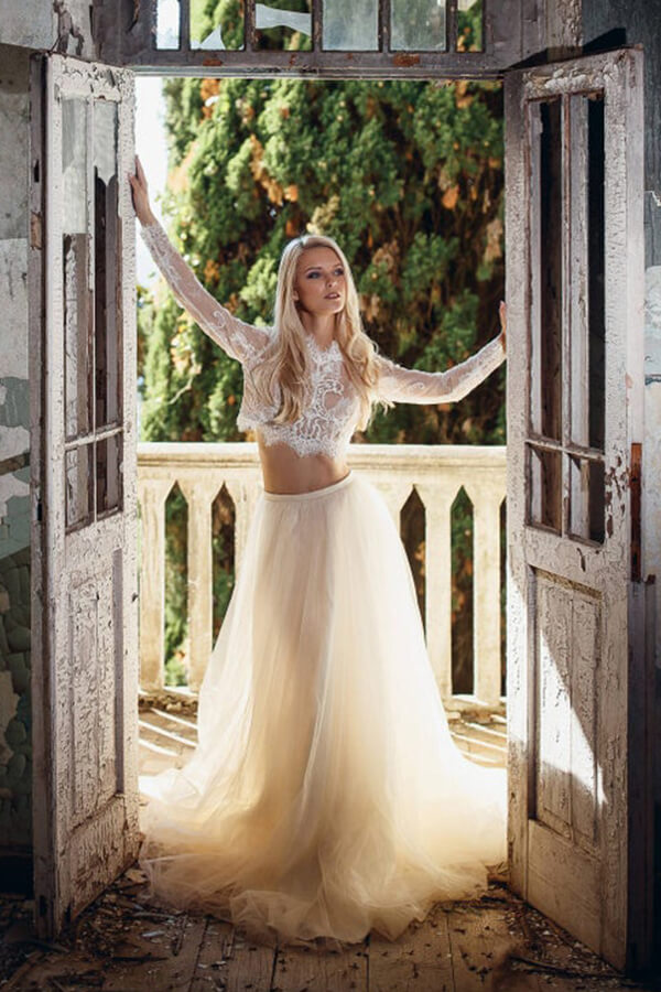 Long Sleeve A-line Lace Tulle Two Piece Wedding Dress