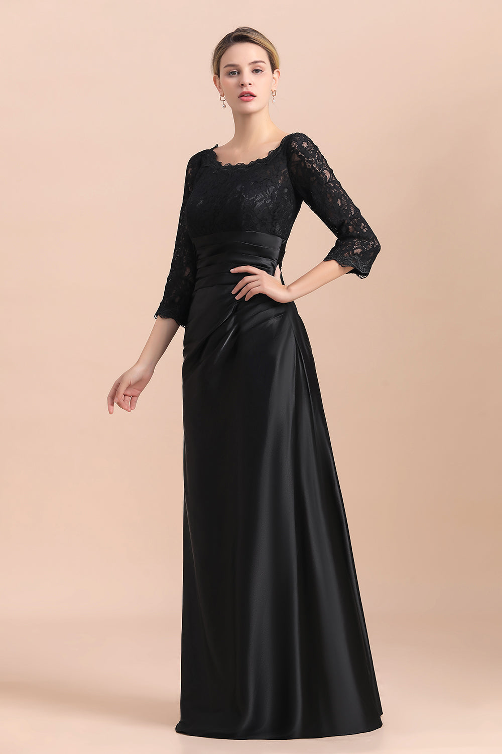 Elegant 3/4 Sleeves Black Satin Lace Ruffles Evening Dresses