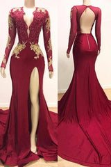 V-neck Long Sleeves Lace Appliques Split Mermaid Prom Dresses