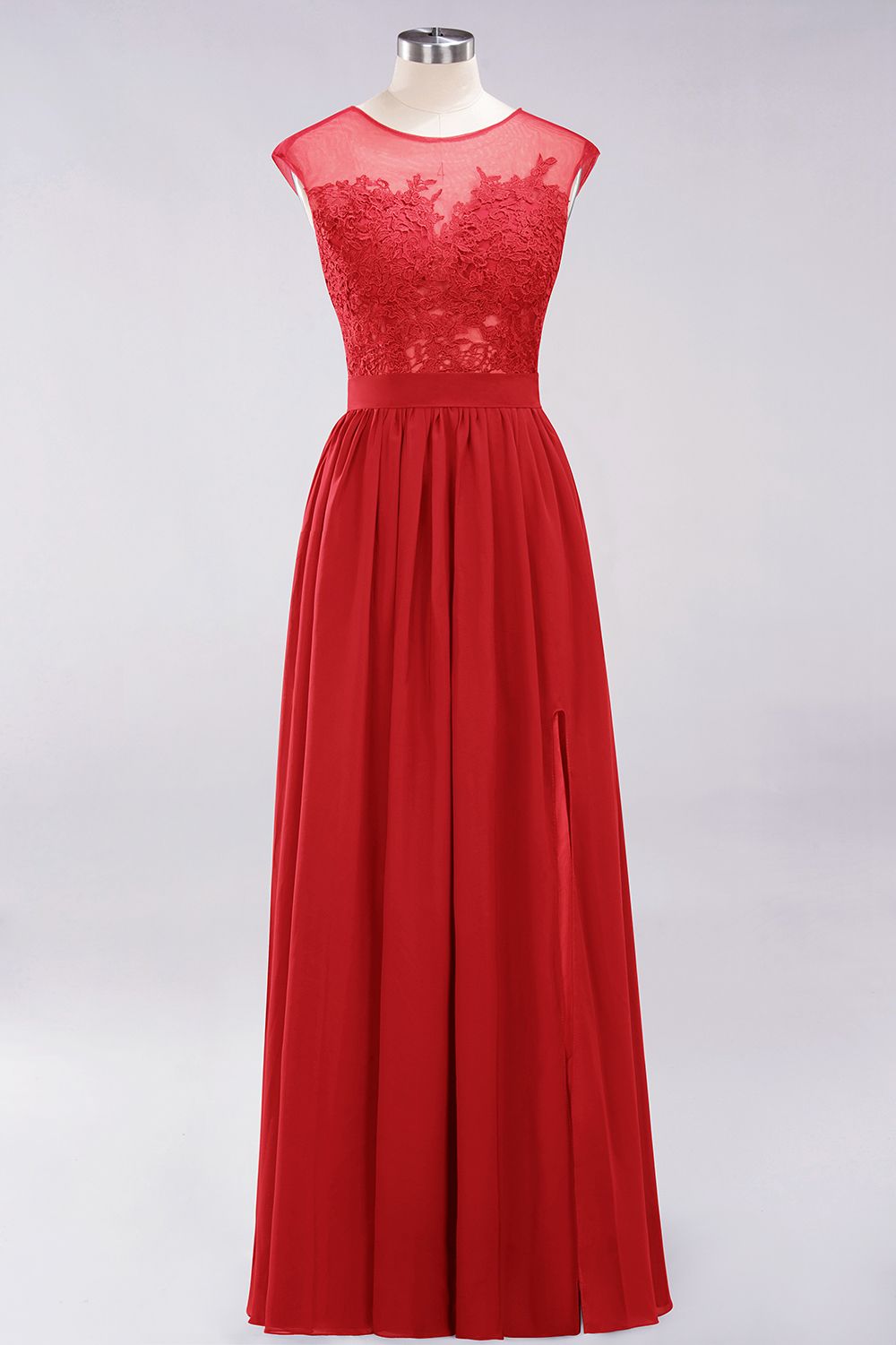 A-line Chiffon Lace Jewel Sleeveless Floor Length Bridesmaid Dresses with Appliques
