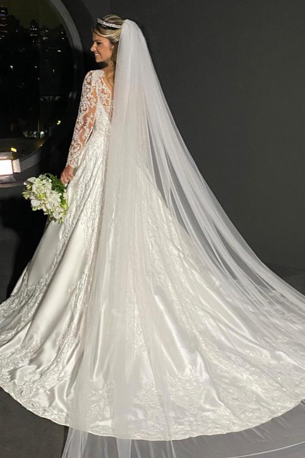 Elegant Long Sleeves A-line V-neck Satin Floral Lace Wedding Dress