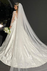 Elegant Long Sleeves A-line V-neck Satin Floral Lace Wedding Dress