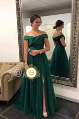 Elegant Long A line Tulle Off the Shoulder Prom Dress with Split Front