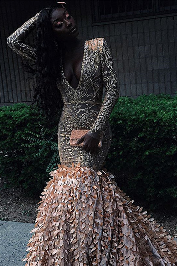 Long V-neck Appliques Lace Mermaid Prom Dress with Sleeves