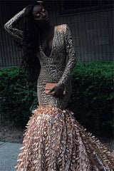 Long V-neck Appliques Lace Mermaid Prom Dress with Sleeves