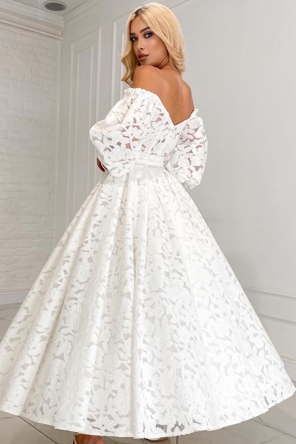 Long Sleeve Off The Shoulder A Line Lace White Wedding Dress