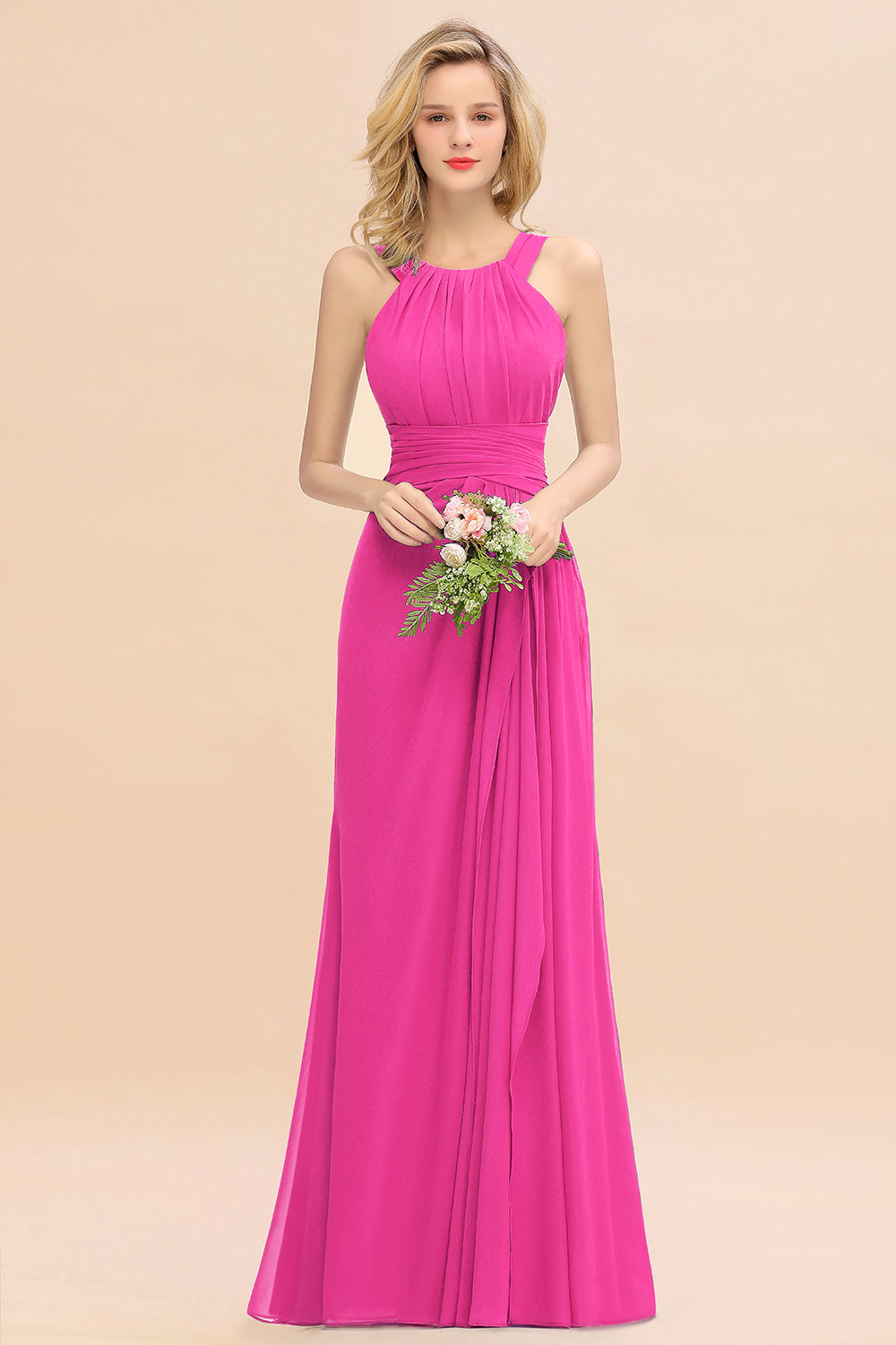 Long A-line Halter Chiffon Backless Floor Length Bridesmaid Dresses