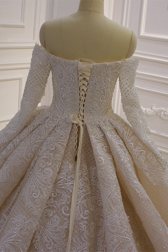 Gorgeous Off the Shoulder Long Sleeve Appliques Lace Ball Gown Wedding Dress