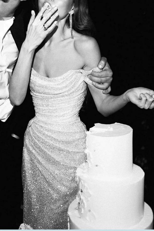 Simple Long Mermaid Off the Shoulder Sequined Wedding Dress with Slit