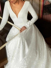 Simple Long A-line V-neck Satin Tulle Lace Wedding Dresses with Sleeves