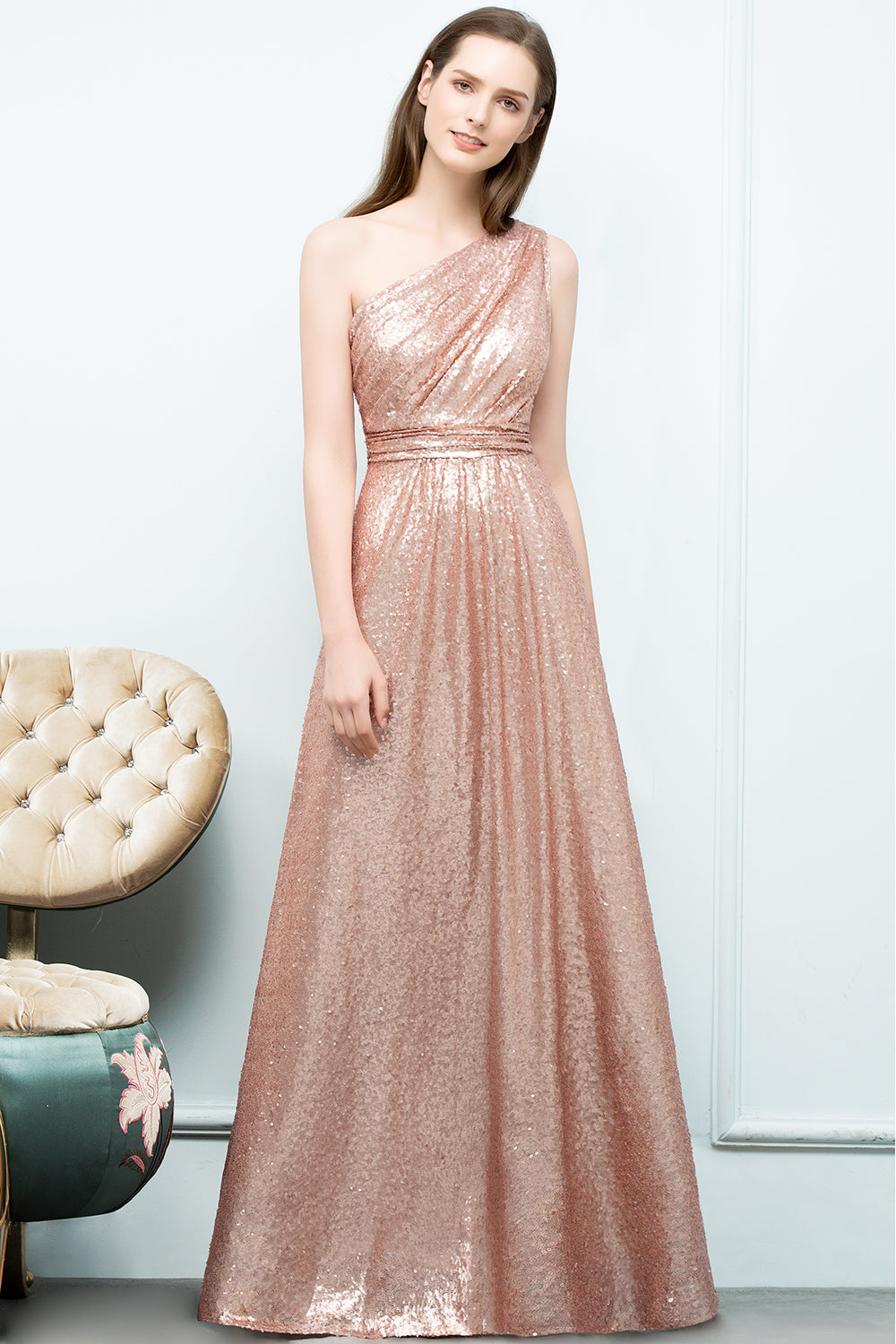 Long One Shoulder Sequined A-line Evening Formal Dress