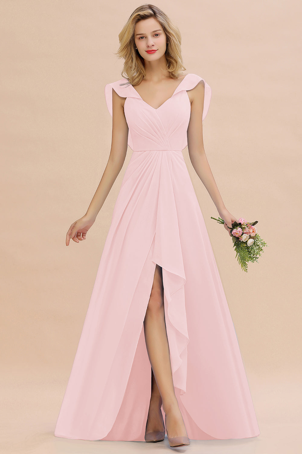 Simple High Low A-line V-Neck Ruffles Chiffon Bridesmaid Dress