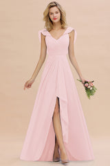 Simple High Low A-line V-Neck Ruffles Chiffon Blushing Pink Bridesmaid Dress