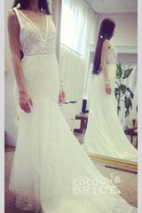 Long Mermaid V-neck Sleeveless Open Back Lace Wedding Dress