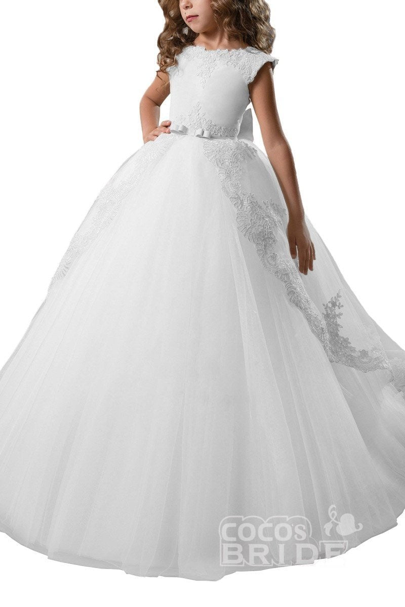 Long Tulle Scoop Neck Lace Ball Gown Flower Girl Dress