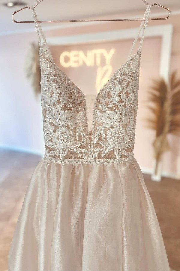 Gorgeous Long A-line V-neck Satin Lace Backless Wedding Dresses
