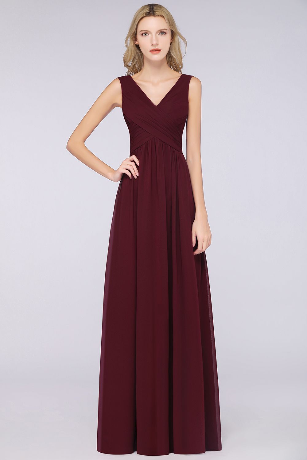 A-Line Chiffon Straps V-Neck Sleeveless Floor Length Bridesmaid Dress with Ruffles
