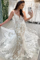 Long Mermaid Spaghetti Straps V-Neck Open Back Tulle Appliques Lace Wedding Dress