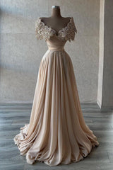Long A-Line Off the Shoulder Ruffles Chiffon Prom Dress With Beaded