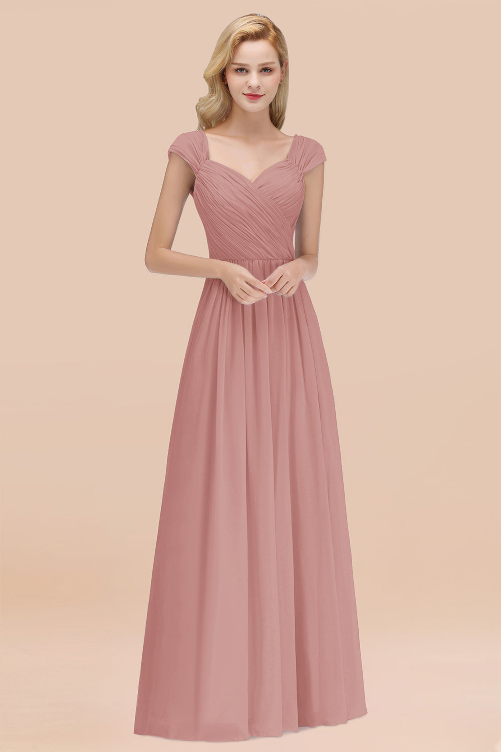 A-Line Chiffon Straps Sweetheart Sleeveless Floor Length Bridesmaid Dress with Ruffles