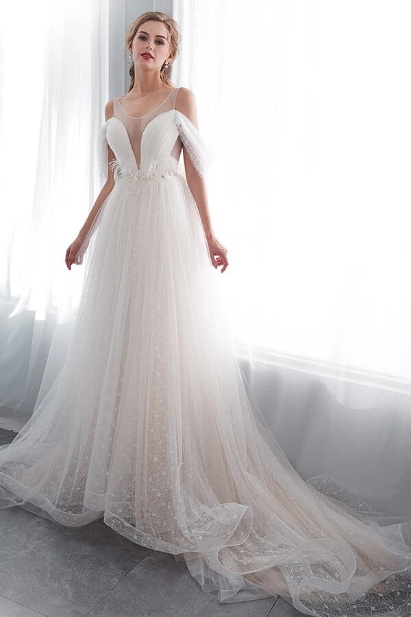 Long V-neck Ruffle Cold shoulder Tulle A-line Wedding Dress