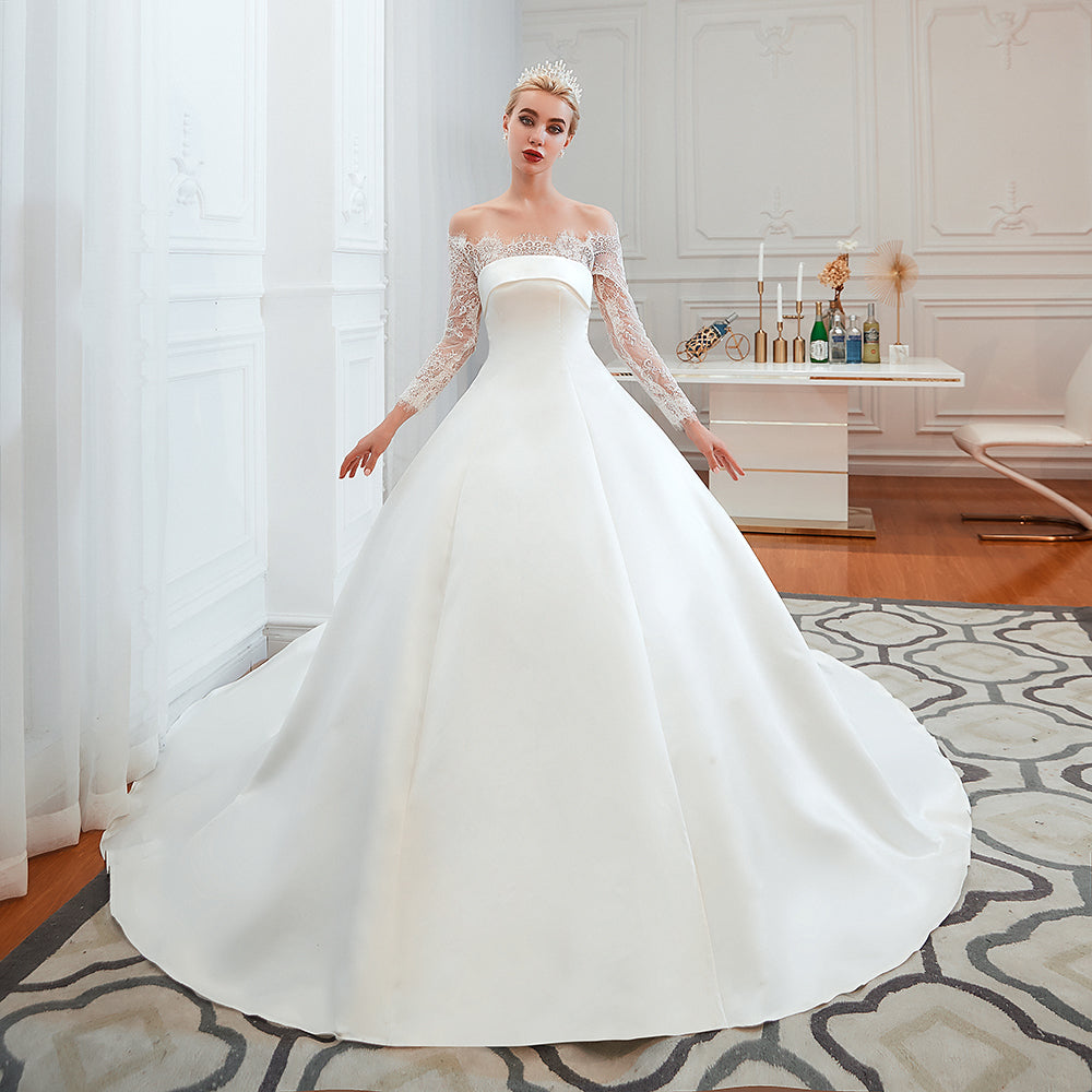 Stunning Off the Shoulder Long Sleeve A-Line Satin Church Wedding Dress