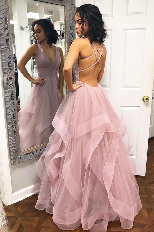 Long A-line V-neck Tulle Backless Prom Dress