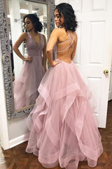 Long A-line V-neck Tulle Backless Prom Dress