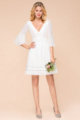Elegant White Long Sleeve Deep V-neck A-line Knee-length Chiffon Bridesmaid Dress