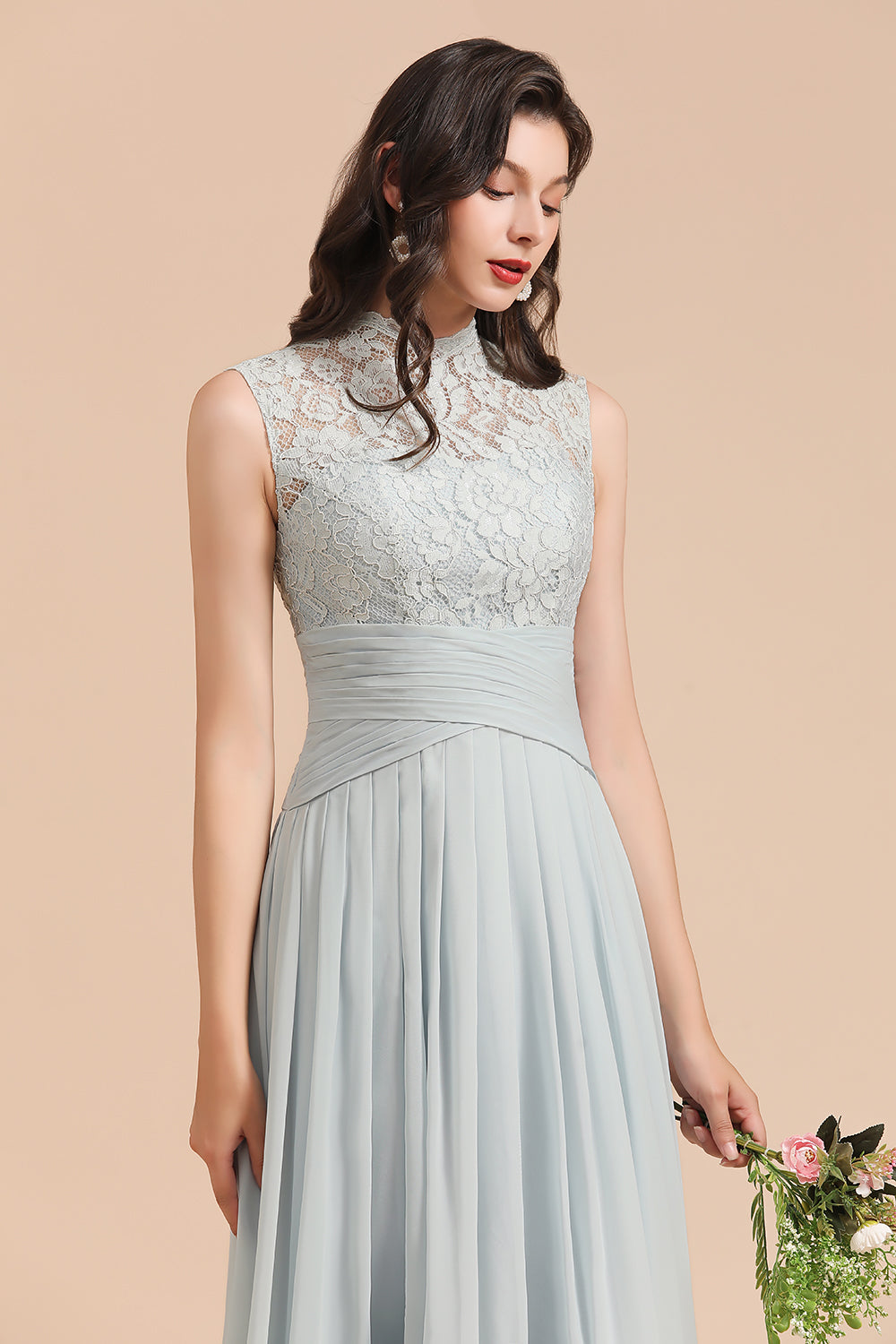 Long A-line High Neck Lace Sleeveless Chiffon Bridesmaid Dress