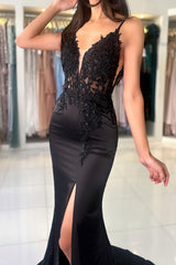 Black Long Mermaid V-neck Backless Satin Lace Formal Prom Dresses with Slit