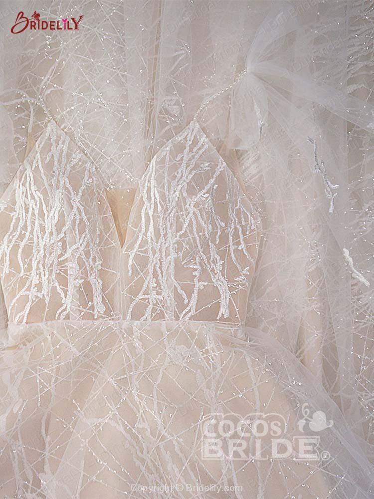 Shinny Long Deep V-Neck Backless Lace A-Line Wedding Dresses