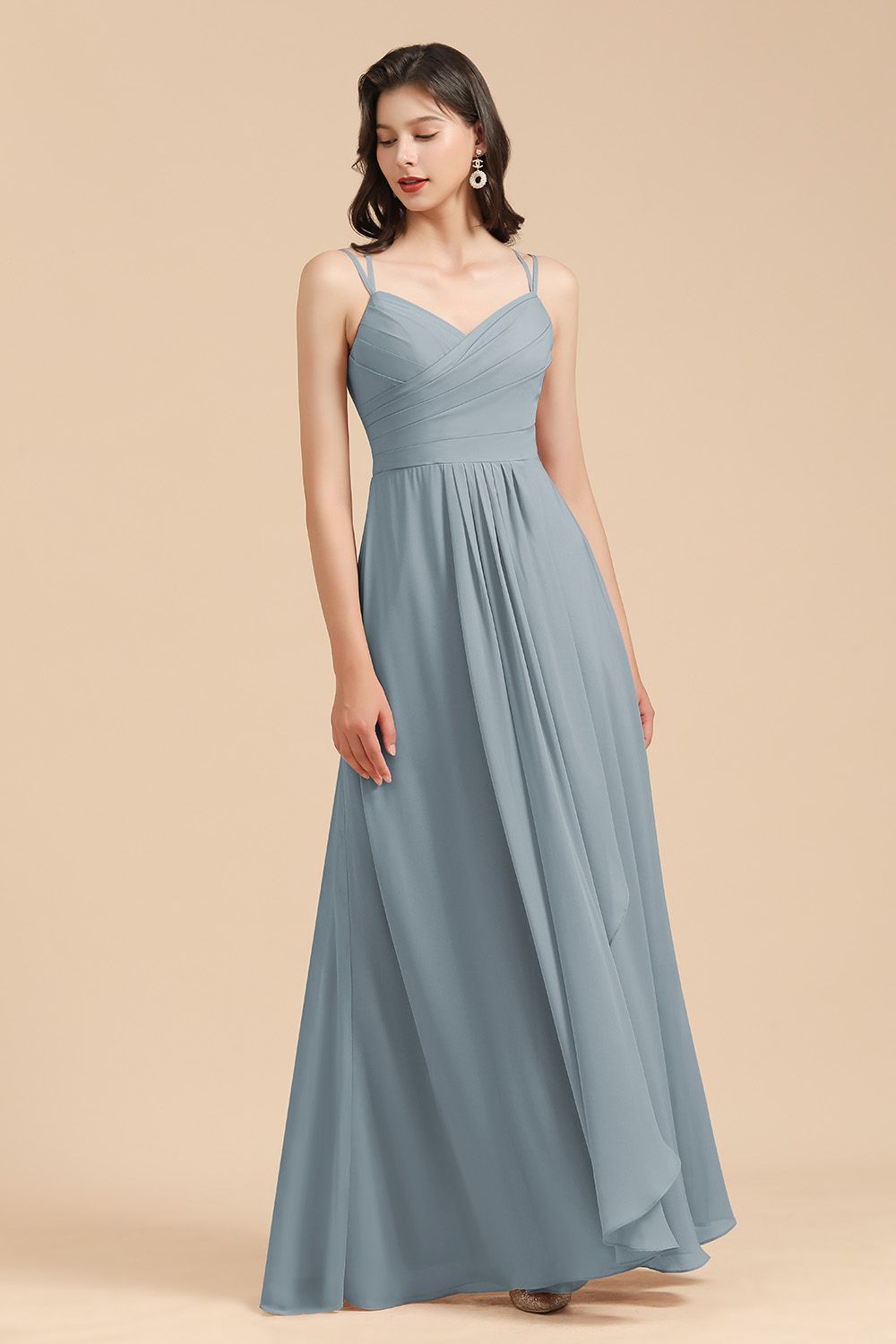 Long A-line V-Neck Chiffon Dusty Blue Wedding Guest Dress