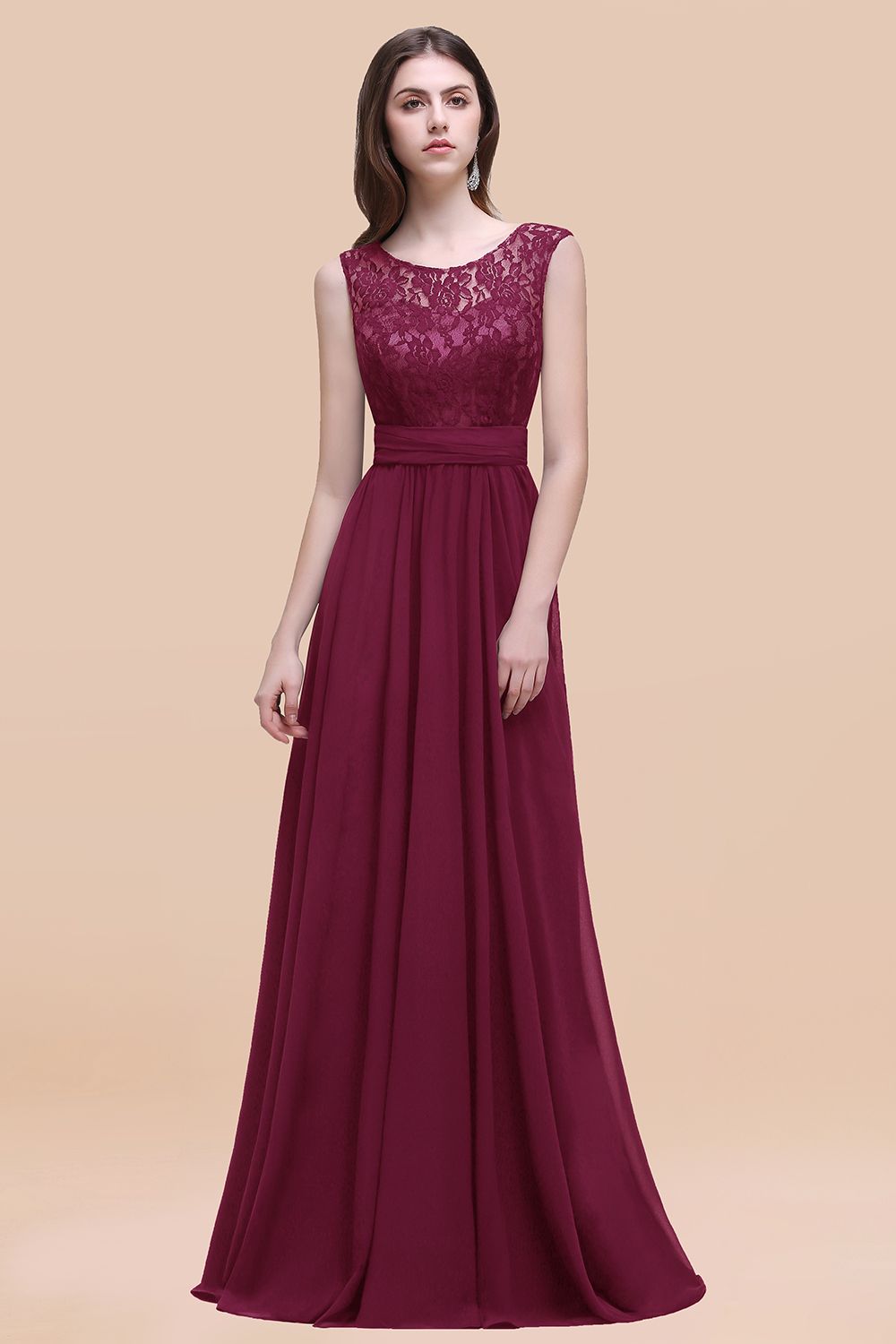 Elegant A-line Chiffon Lace Scoop Sleeveless Floor Length Bridesmaid Dress