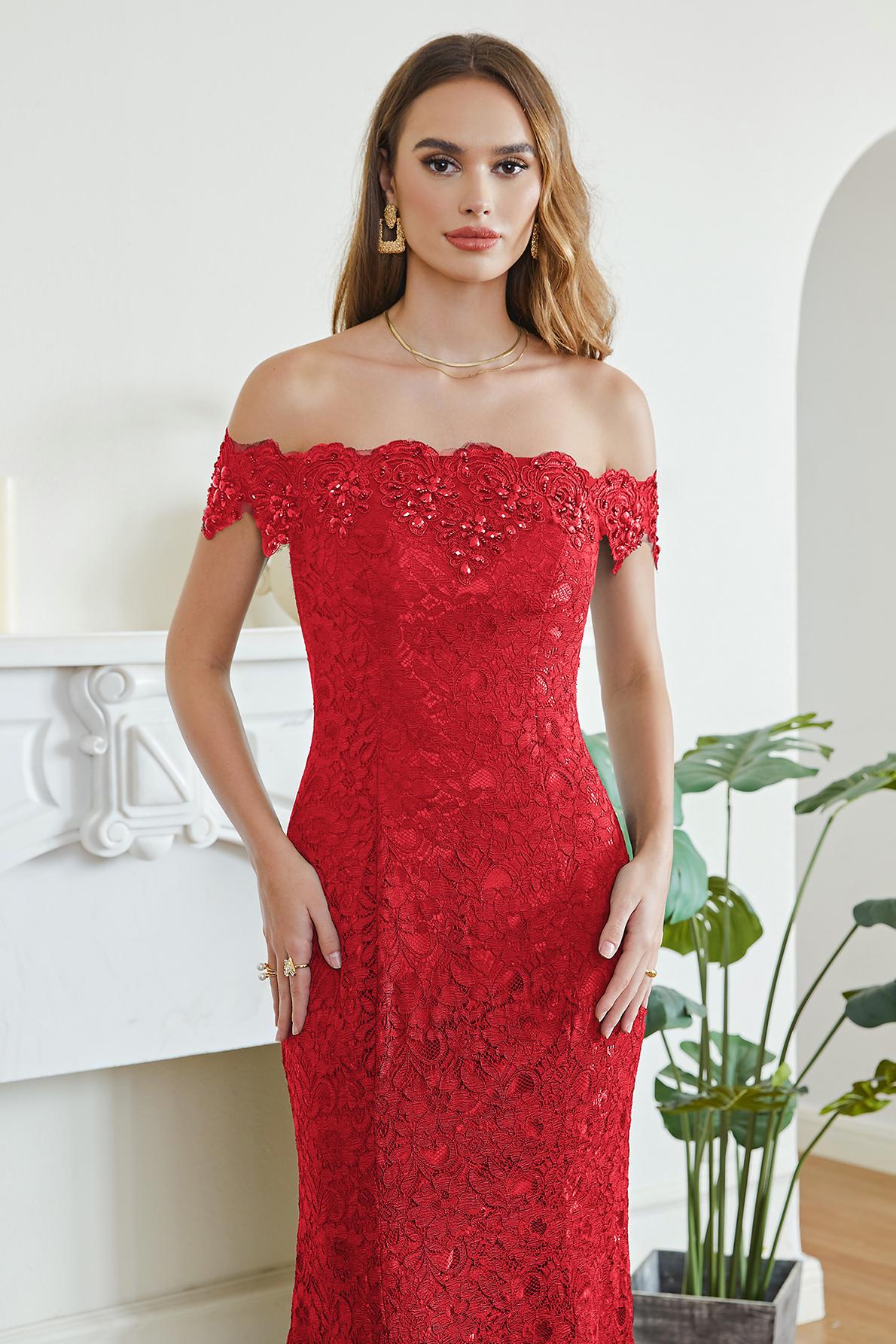 Long Off The Shoulder Floral Lace Mermaid Floor Length Formal Evening Dress