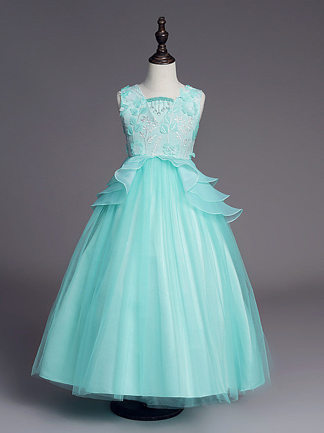 White Long A-line Tull Lace Sleeveless Jewel Neck Flower Girl Dresses