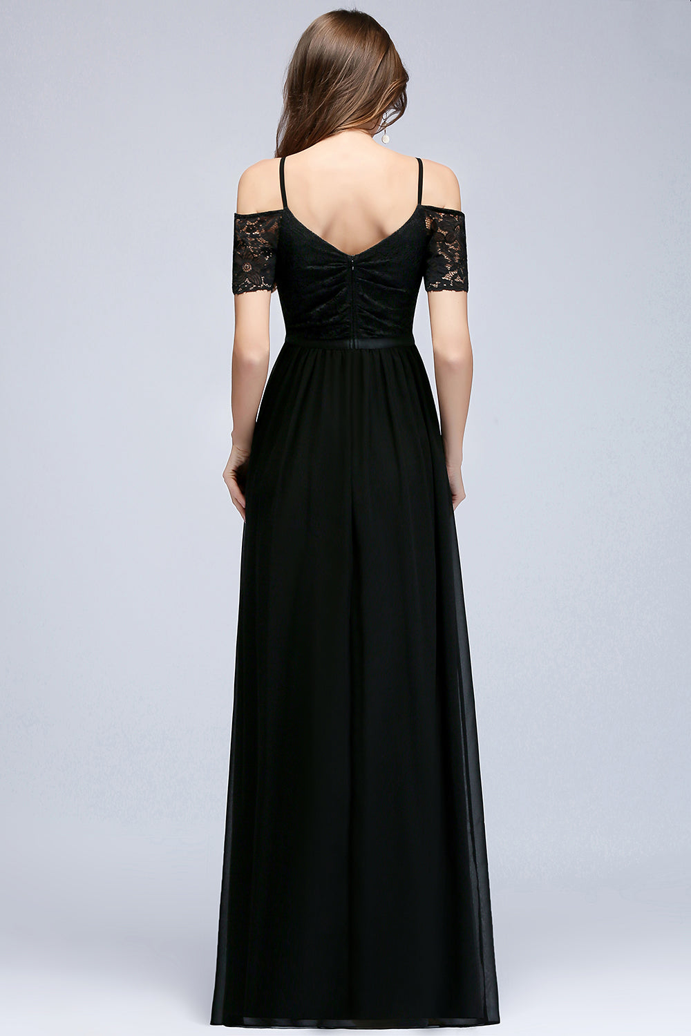 A-line Chiffon Lace V-Neck Off the Shoulder Sleeveless Floor Length Bridesmaid Dresses